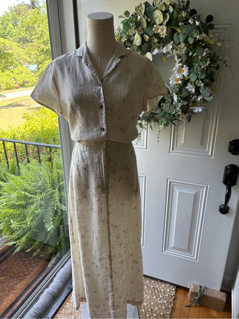 Vintage 90’s 100% Linen Liz Claiborne Cream Floral Button-Front Midi 2-Piece - Picture 1 of 6